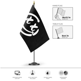 A mockup of the custom flag 'Rave Smile Flag' as a desk flag and small hand waving flag