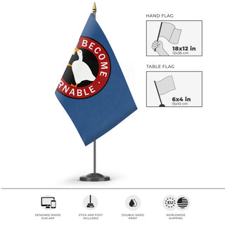 A mockup of the custom flag 'Become Ungovernable flag' as a desk flag and small hand waving flag