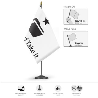 A mockup of the custom flag '3D Printing Flag' as a desk flag and small hand waving flag
