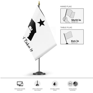 A mockup of the custom flag 'Ghost Gun Flag' as a desk flag and small hand waving flag