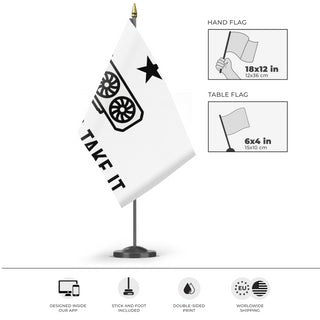 A mockup of the custom flag 'Come and Take It GPU flag' as a desk flag and small hand waving flag