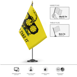 A mockup of the custom flag 'Come and Take It GPU Gadsden Flag' as a desk flag and small hand waving flag