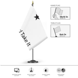 A mockup of the custom flag 'Come and Take It M4 Flag' as a desk flag and small hand waving flag