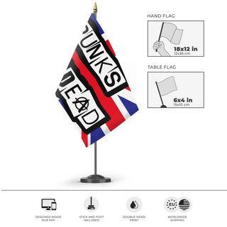 A mockup of the custom flag 'Punk Is Not Dead Flag' as a desk flag and small hand waving flag
