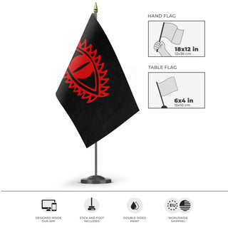 A mockup of the custom flag 'Flag of Mordor flag' as a desk flag and small hand waving flag