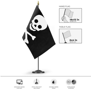 A mockup of the custom flag 'Jolly Roger Flag' as a desk flag and small hand waving flag