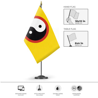 A mockup of the custom flag 'Taoism Flag' as a desk flag and small hand waving flag