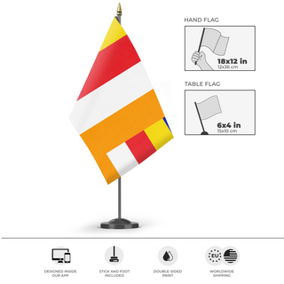 A mockup of the custom flag 'Buddhism Flag' as a desk flag and small hand waving flag