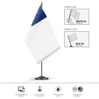 A mockup of the custom flag 'Christianity Flag' as a desk flag and small hand waving flag