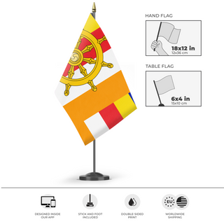A mockup of the custom flag 'Dharma Buddhist Flag' as a desk flag and small hand waving flag