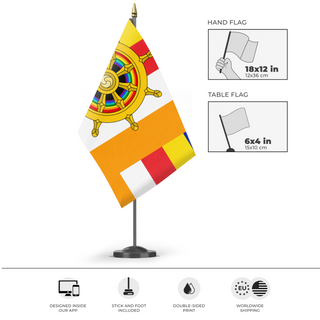 A mockup of the custom flag 'Buddhist Pride Flag' as a desk flag and small hand waving flag