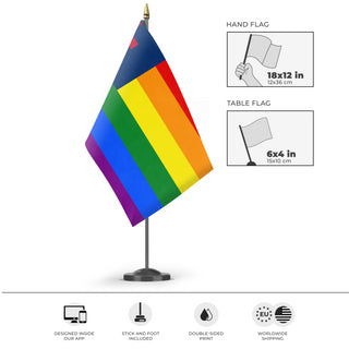 A mockup of the custom flag 'Christian Pride Flag' as a desk flag and small hand waving flag