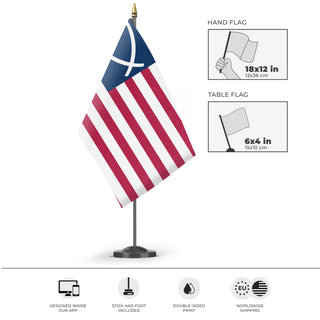 A mockup of the custom flag 'American Jesus Fish flag' as a desk flag and small hand waving flag