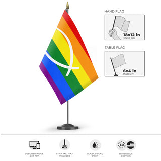 A mockup of the custom flag 'Jesus Fish Pride Flag' as a desk flag and small hand waving flag