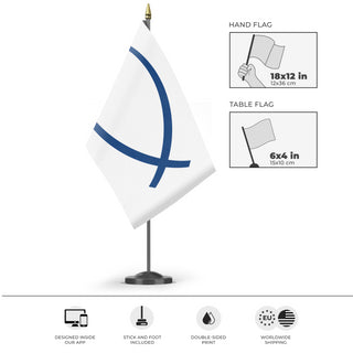 A mockup of the custom flag 'Christian Jesus Fish Flag' as a desk flag and small hand waving flag