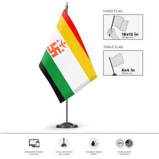A mockup of the custom flag 'Jainism Flag' as a desk flag and small hand waving flag