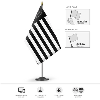 A mockup of the custom flag 'Satanic United States Flag' as a desk flag and small hand waving flag