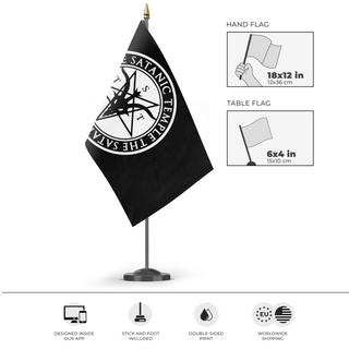 A mockup of the custom flag 'Satanic Baphomet Flag' as a desk flag and small hand waving flag