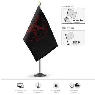 A mockup of the custom flag 'Satanic Flag' as a desk flag and small hand waving flag