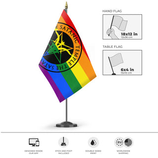 A mockup of the custom flag 'Satanic Pride Flag' as a desk flag and small hand waving flag