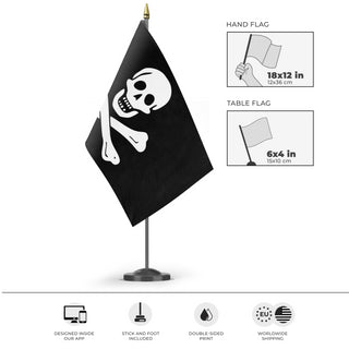 A mockup of the custom flag 'Jolly Roger - Classic Flag' as a desk flag and small hand waving flag