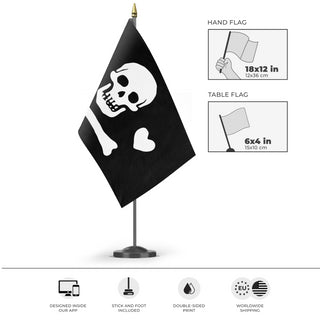 A mockup of the custom flag 'Stede Bonnet Flag' as a desk flag and small hand waving flag