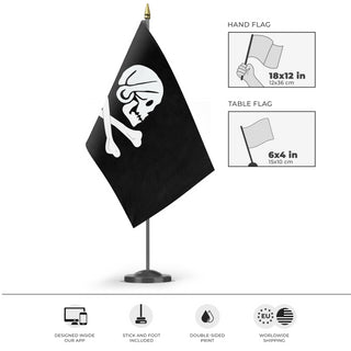 A mockup of the custom flag 'King of the Pirates Flag' as a desk flag and small hand waving flag