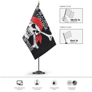 A mockup of the custom flag 'The Beatings Will Continue Until Morale Improves Flag' as a desk flag and small hand waving flag