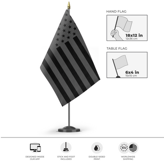 A mockup of the custom flag 'No Quarter Flag' as a desk flag and small hand waving flag
