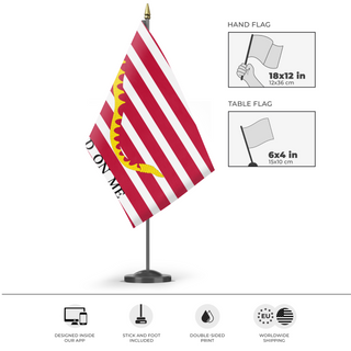 A mockup of the custom flag 'First Navy Jack Flag' as a desk flag and small hand waving flag