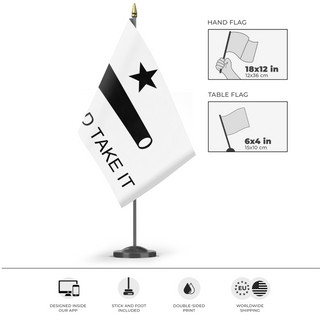 A mockup of the custom flag 'Gonzales "Come and Take It" Flag' as a desk flag and small hand waving flag