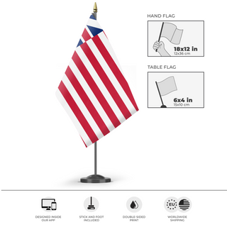 A mockup of the custom flag 'Grand Union Flag' as a desk flag and small hand waving flag