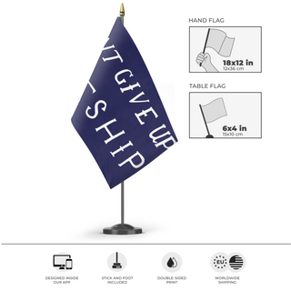 A mockup of the custom flag 'Commodore Perry "Don't Give Up the Ship" Flag' as a desk flag and small hand waving flag