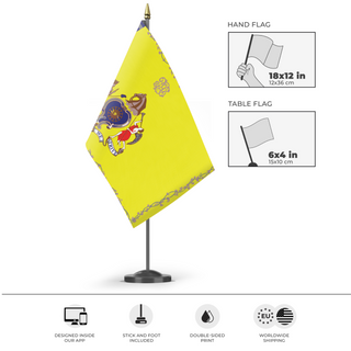 A mockup of the custom flag 'Philadelphia Light Horse Flag' as a desk flag and small hand waving flag