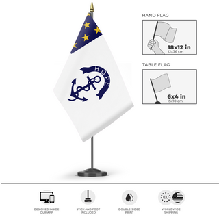 A mockup of the custom flag 'Rhode Island Regiment Flag' as a desk flag and small hand waving flag