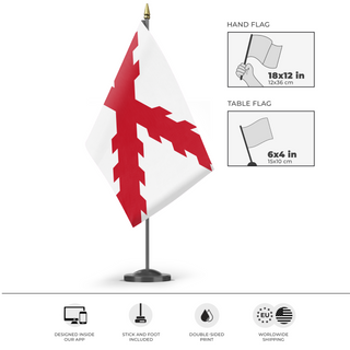 A mockup of the custom flag 'Cross of Burgundy Flag' as a desk flag and small hand waving flag