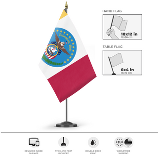 A mockup of the custom flag 'Columbus Flag' as a desk flag and small hand waving flag