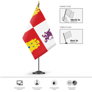 A mockup of the custom flag 'Lions & Castles Flag' as a desk flag and small hand waving flag