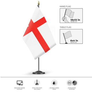 A mockup of the custom flag 'St. George's Cross Flag' as a desk flag and small hand waving flag
