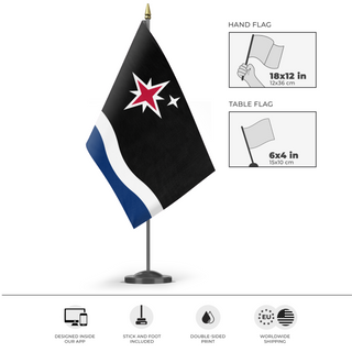 A mockup of the custom flag 'The Grand Union of Grand Manan' as a desk flag and small hand waving flag