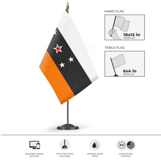 A mockup of the custom flag 'American Sovereign Republic flag' as a desk flag and small hand waving flag
