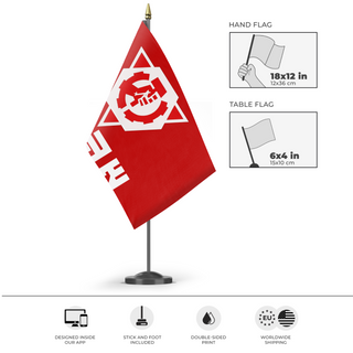 A mockup of the custom flag 'Solghast socialist republic flag' as a desk flag and small hand waving flag