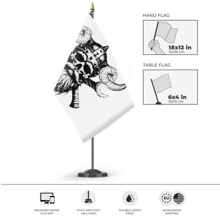 A mockup of the custom flag 'viking shop flag' as a desk flag and small hand waving flag