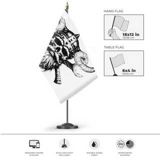 A mockup of the custom flag 'viking flag' as a desk flag and small hand waving flag
