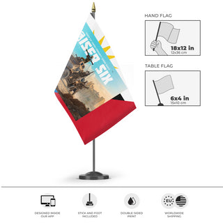 A mockup of the custom flag 'T flag' as a desk flag and small hand waving flag