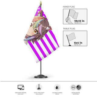 A mockup of the custom flag 'Oshi Vtuber flag' as a desk flag and small hand waving flag