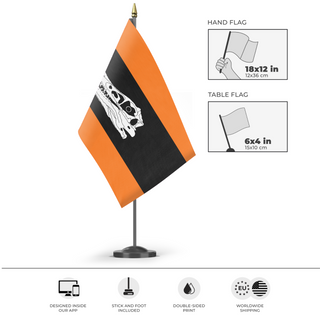 A mockup of the custom flag 'Orange Raptor flag' as a desk flag and small hand waving flag