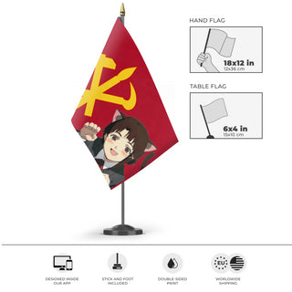 A mockup of the custom flag 'Juchean anime flag' as a desk flag and small hand waving flag