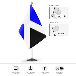 A mockup of the custom flag 'grudging owl flag' as a desk flag and small hand waving flag