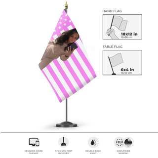 A mockup of the custom flag 'Raquel flag' as a desk flag and small hand waving flag